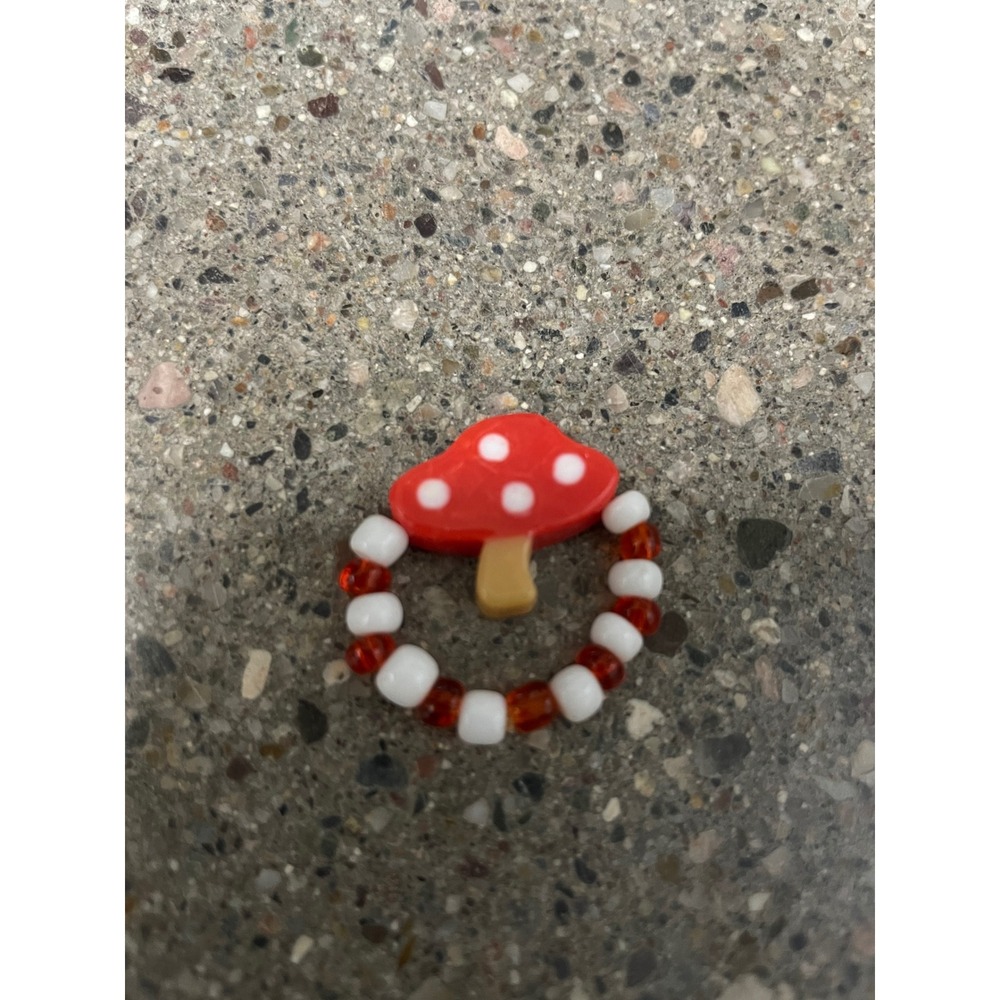 Red White Mushroom Beaded Stretch Ring Cute Whimsical Cottagecore